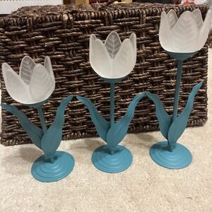 Set of 3 Brass Green Patina Frosted Glass Tulip Tealight Candle Holders